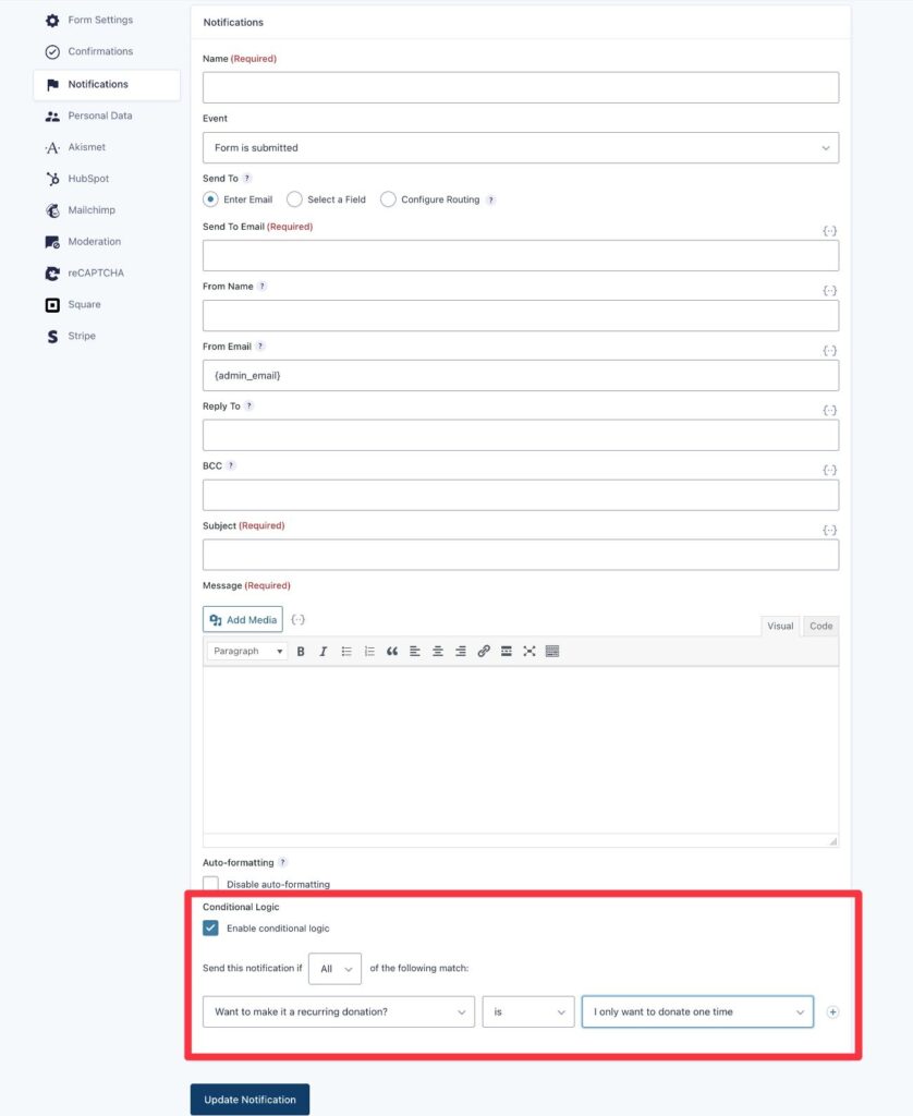 Gravity Forms conditional logic email notifications