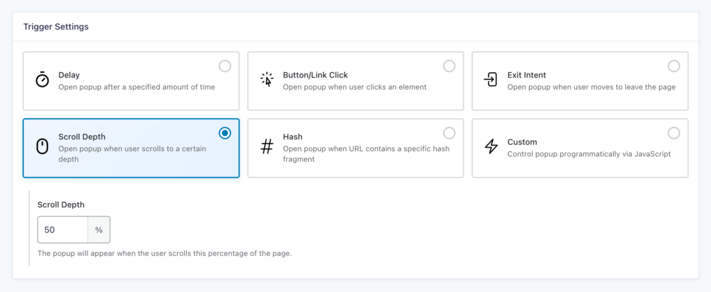 GP Popups Trigger Settings with Scroll Depth selected at 50%.