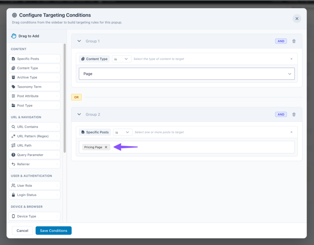 GP Popups targeting conditions configured to show on the Pricing Page.