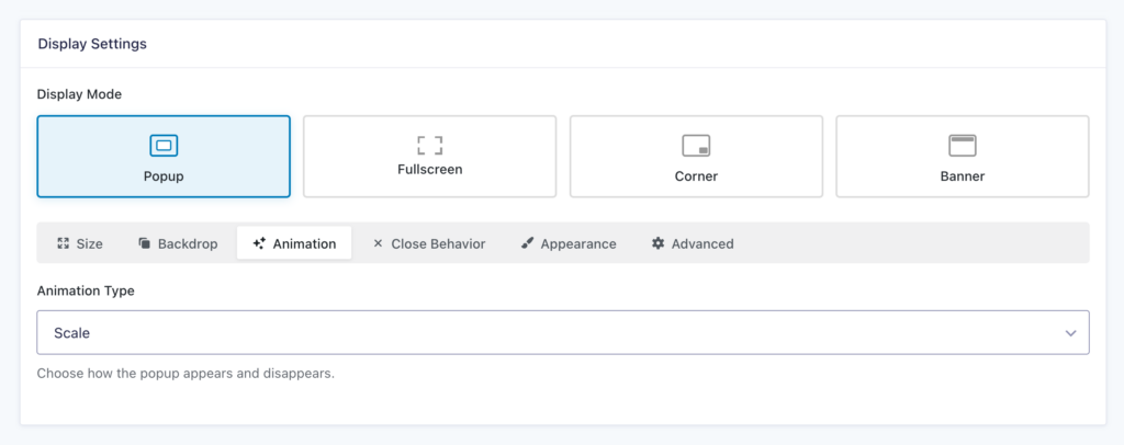 GP Popups Display Settings showing four display modes: Popup, Fullscreen, Corner, and Banner.