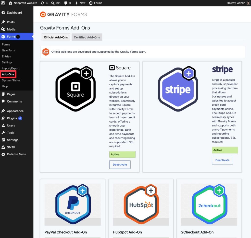 Install Square add-on