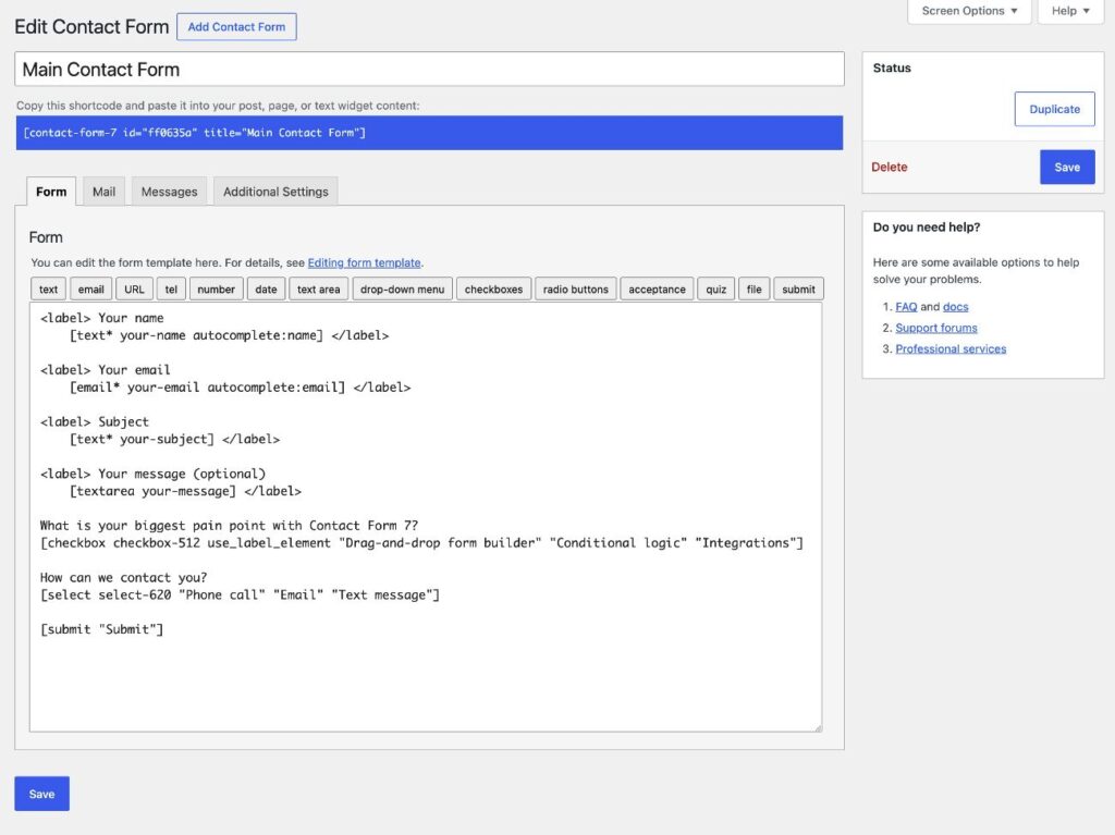 Contact Form 7 builder interface