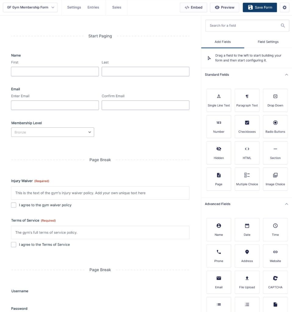 Gravity Forms builder interface