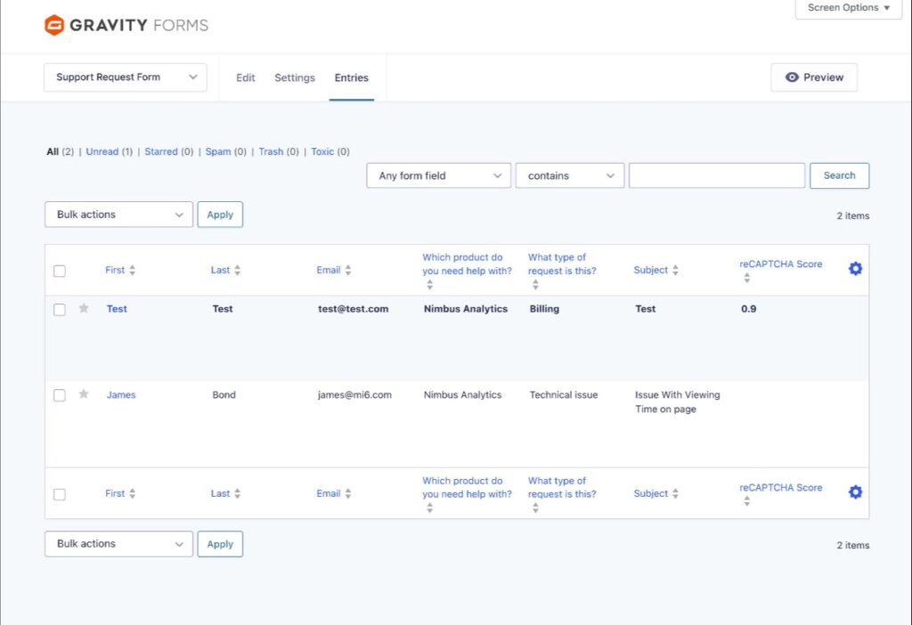 Gravity Forms entry management