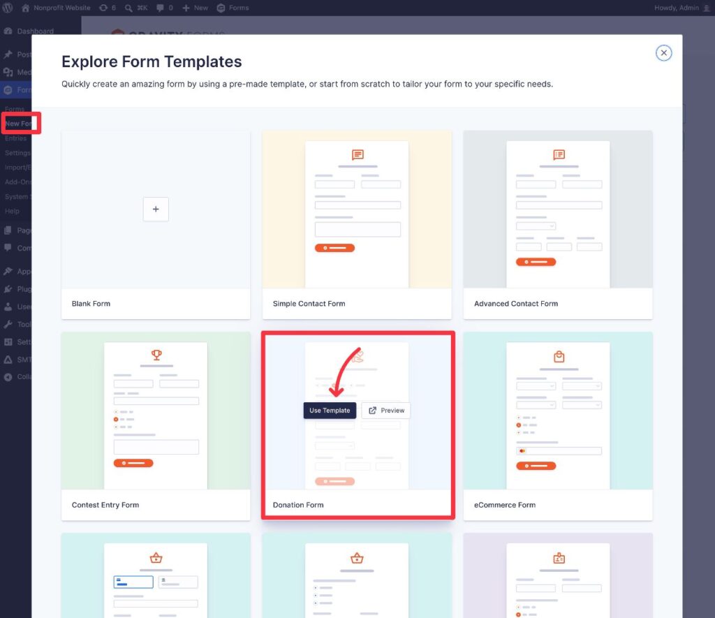 WordPress donation form template
