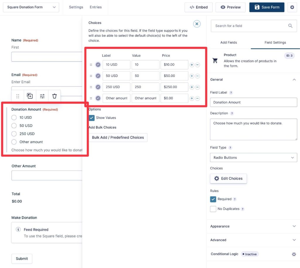 Customize donation amounts