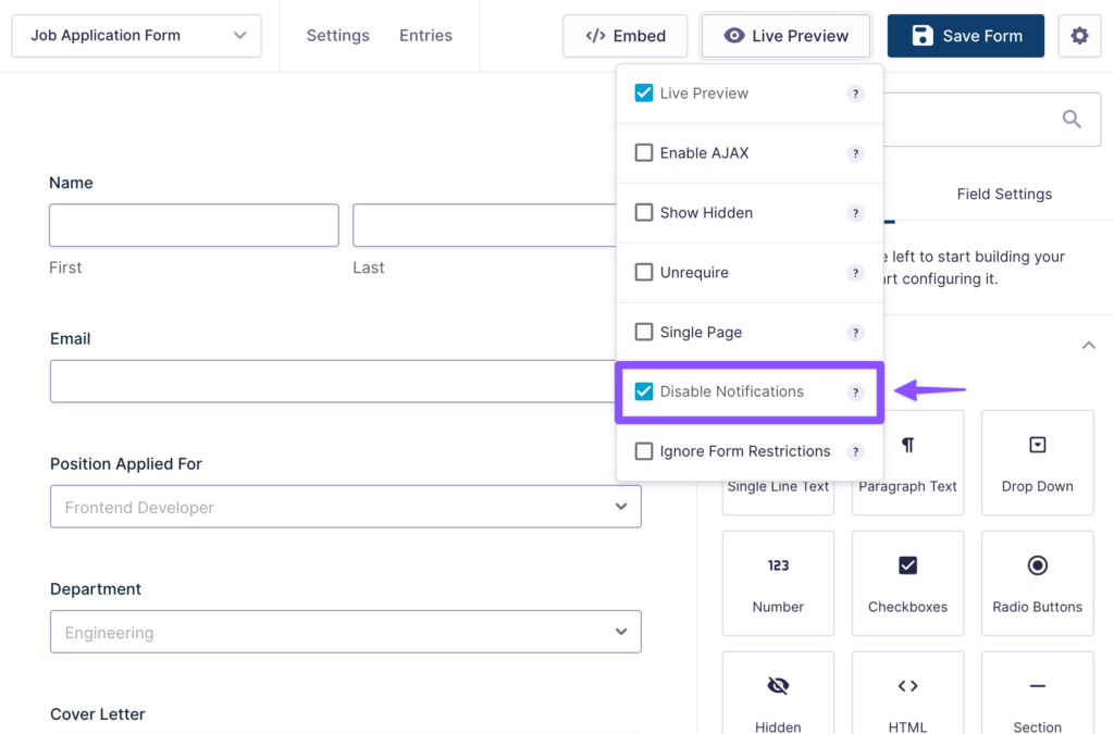 The form editor has Live Preview selected, and Disable Notifications is enabled and highlighted.