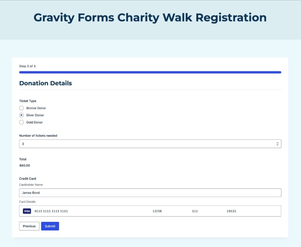 Test the fundraising event registration form