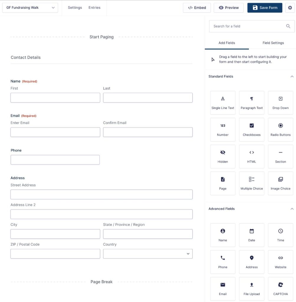 The form editor interface