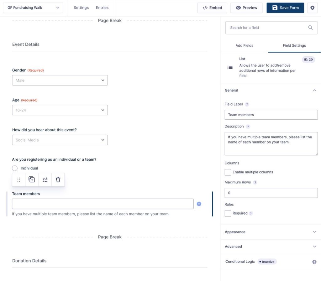 Customize the fundraising event registration form