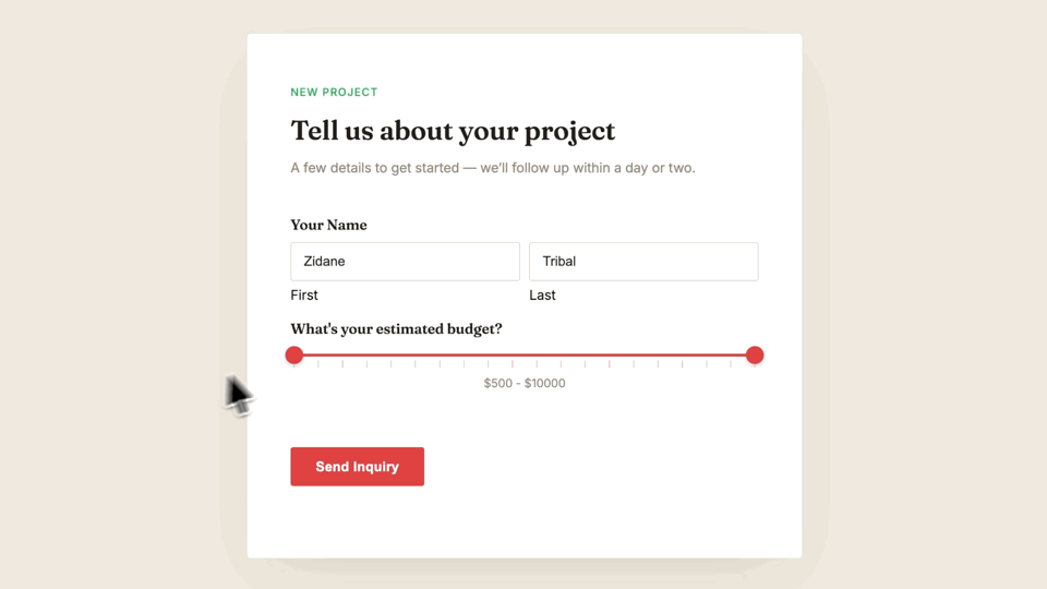 Gravity Wiz - Two-handle range slider set to full width ($500–$10000) on a project budget field.