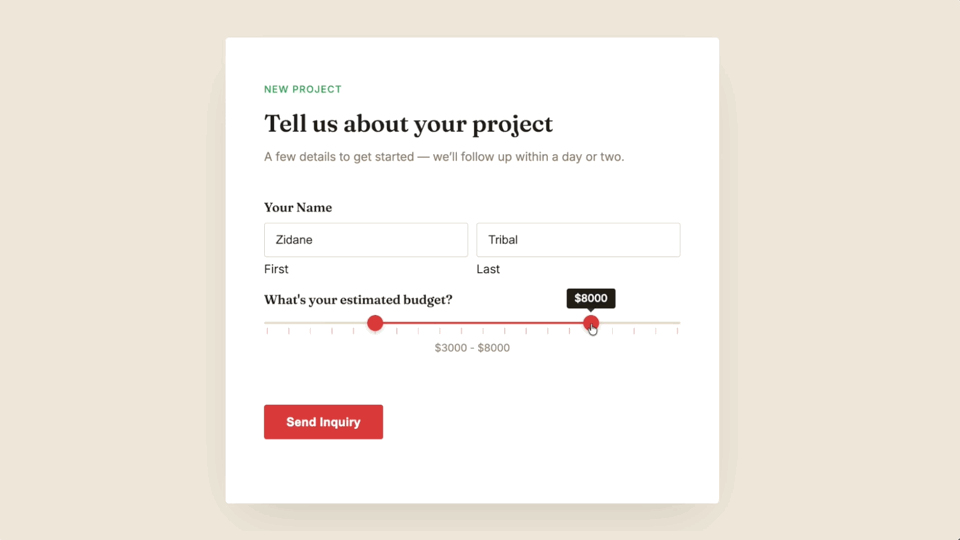Gravity Wiz - Range slider with animated annotations point to start value, end value, and ‘$’ custom prefix.