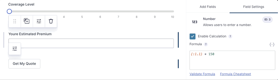 Gravity Wiz - Gravity Forms field settings showing a Number field’s Calculate formula referencing the Slider field’s merge tag
