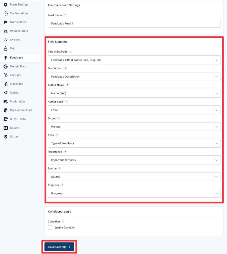 Map form fields to feedback fields