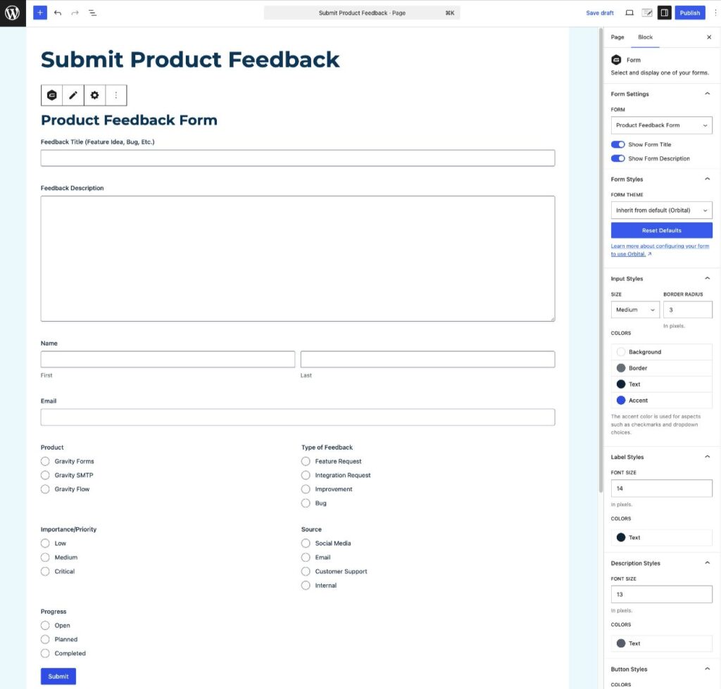 EMbed the feedback form