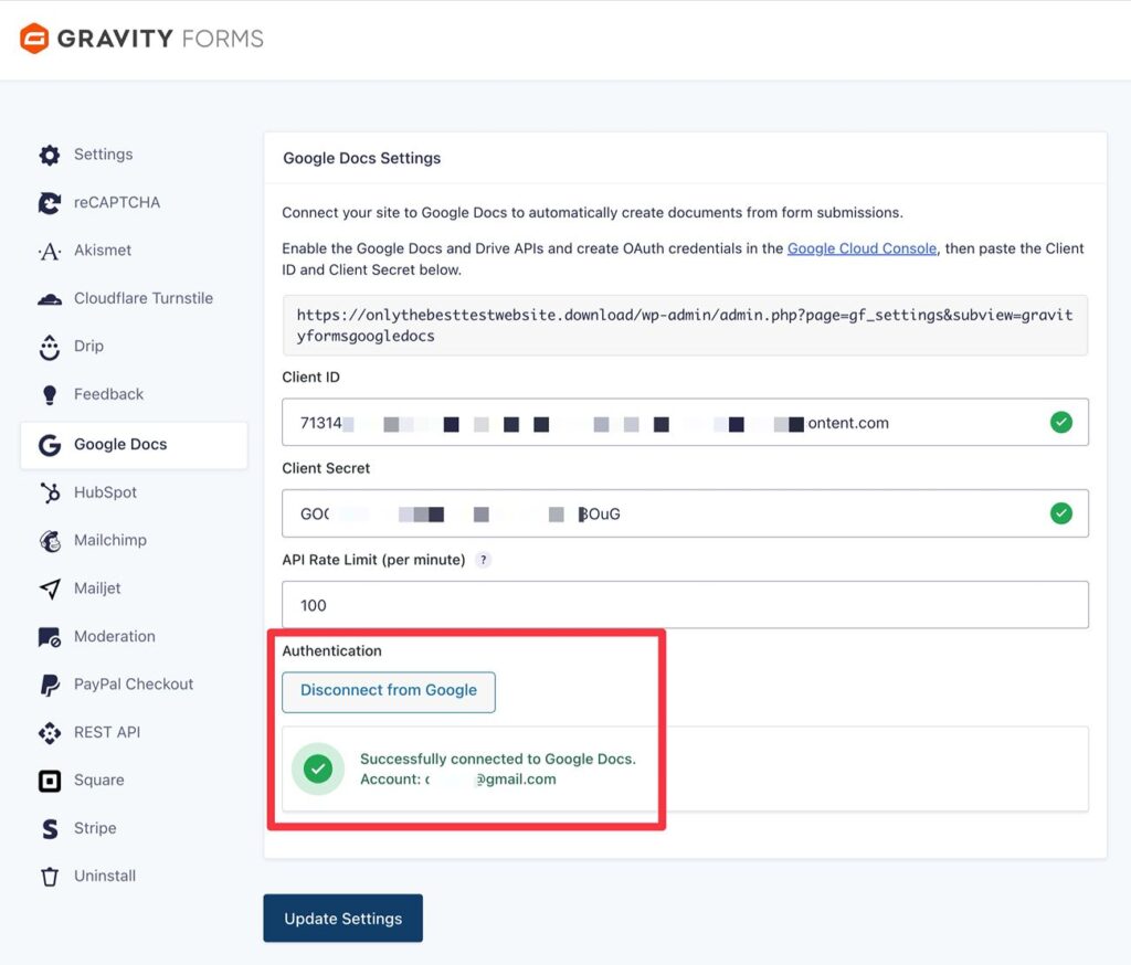 Gravity Forms Google Docs connected to account