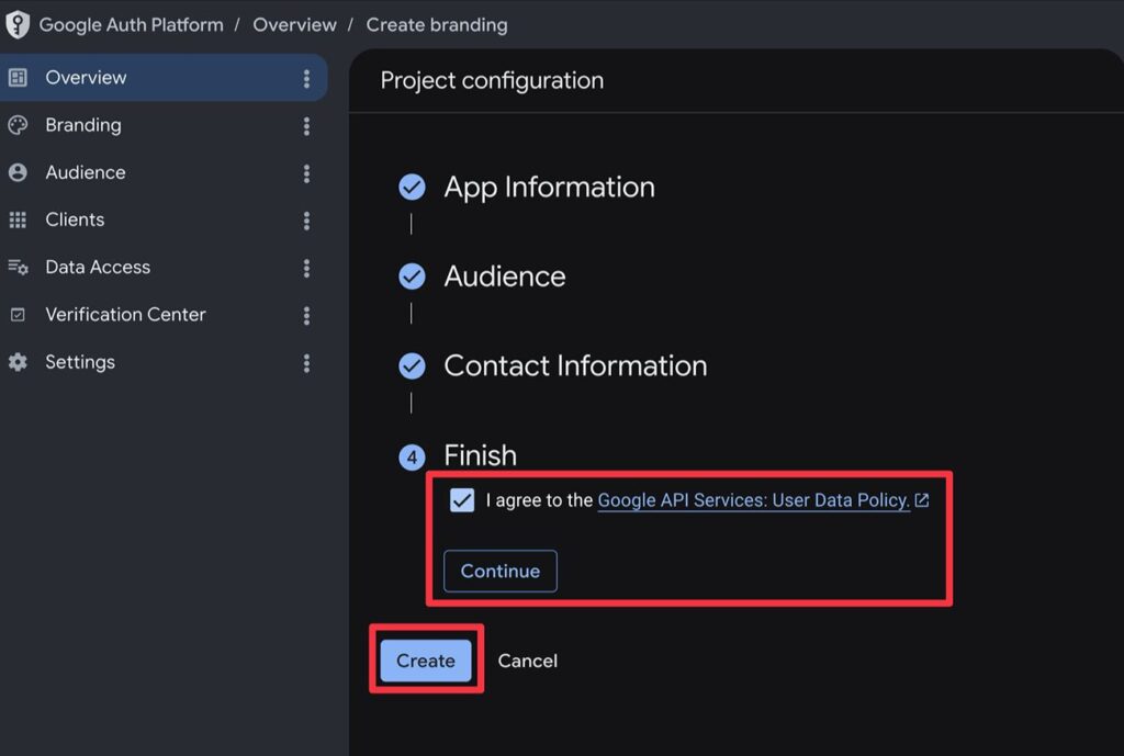 Finish consent screen