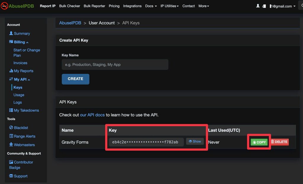 Copy API key