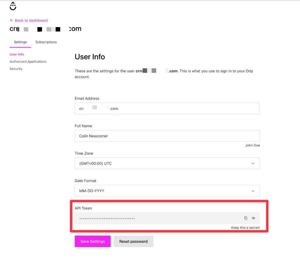 Locate Drip API token