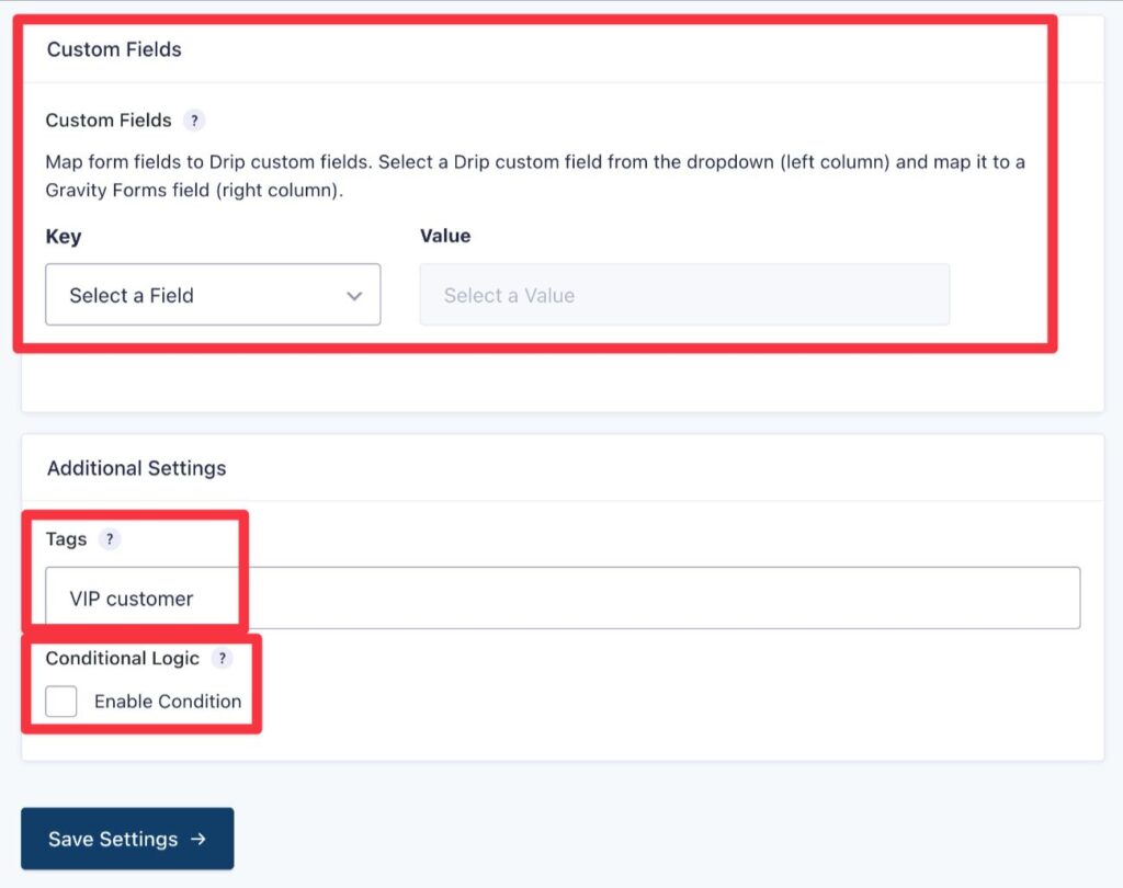 Map form fields to Drip custom fields