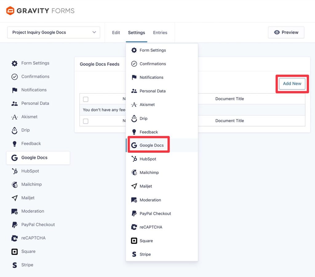 Create new Google Docs feed