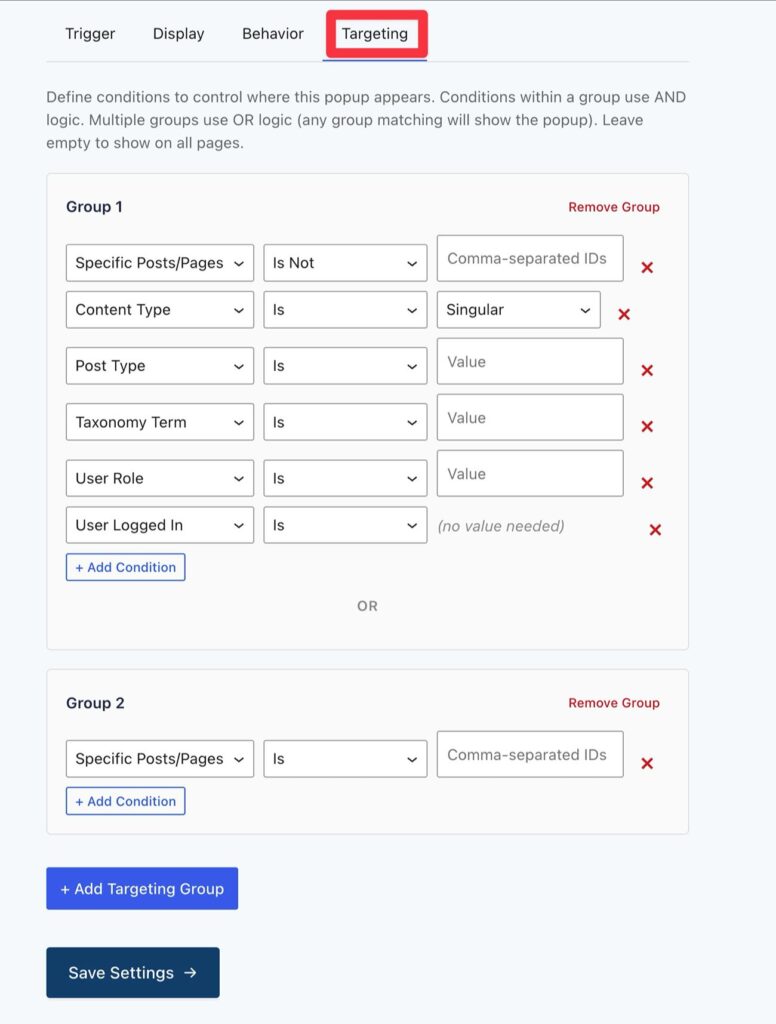 Targeting rule groups conditions