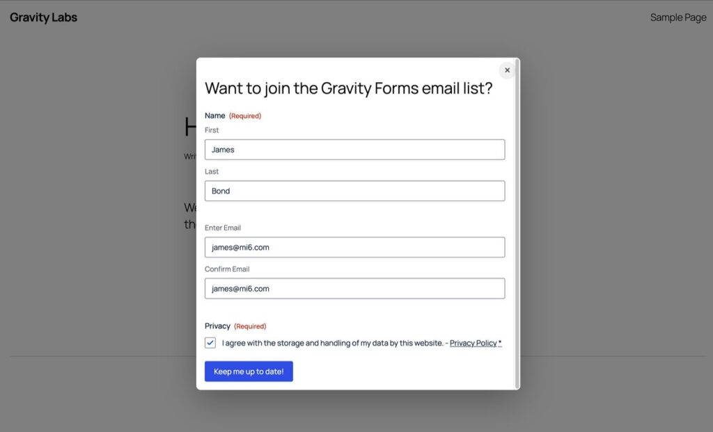 Example of Gravity Forms popup