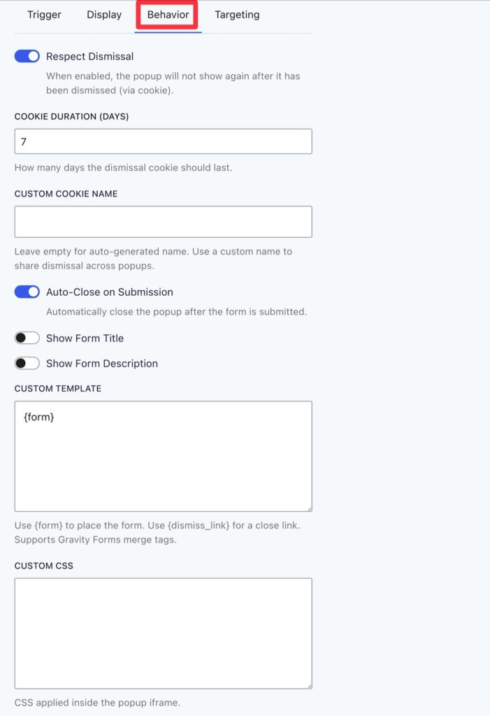 Behavior settings