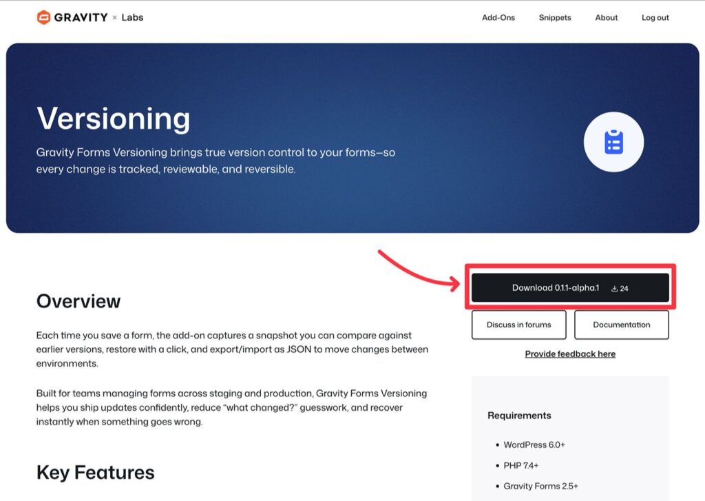 Download the Gravity Forms Versioning Add-On