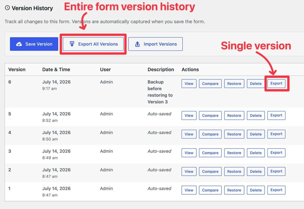 Export a form's version history