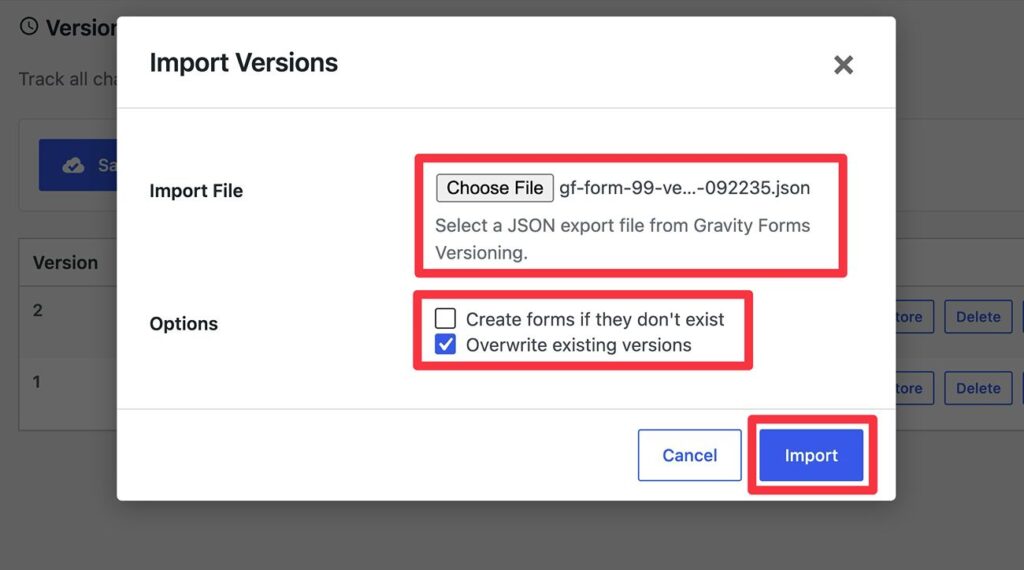 Configure version import