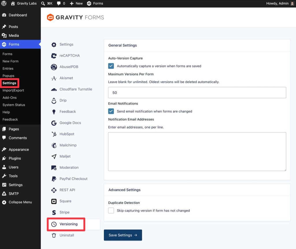 Configure versioning settings