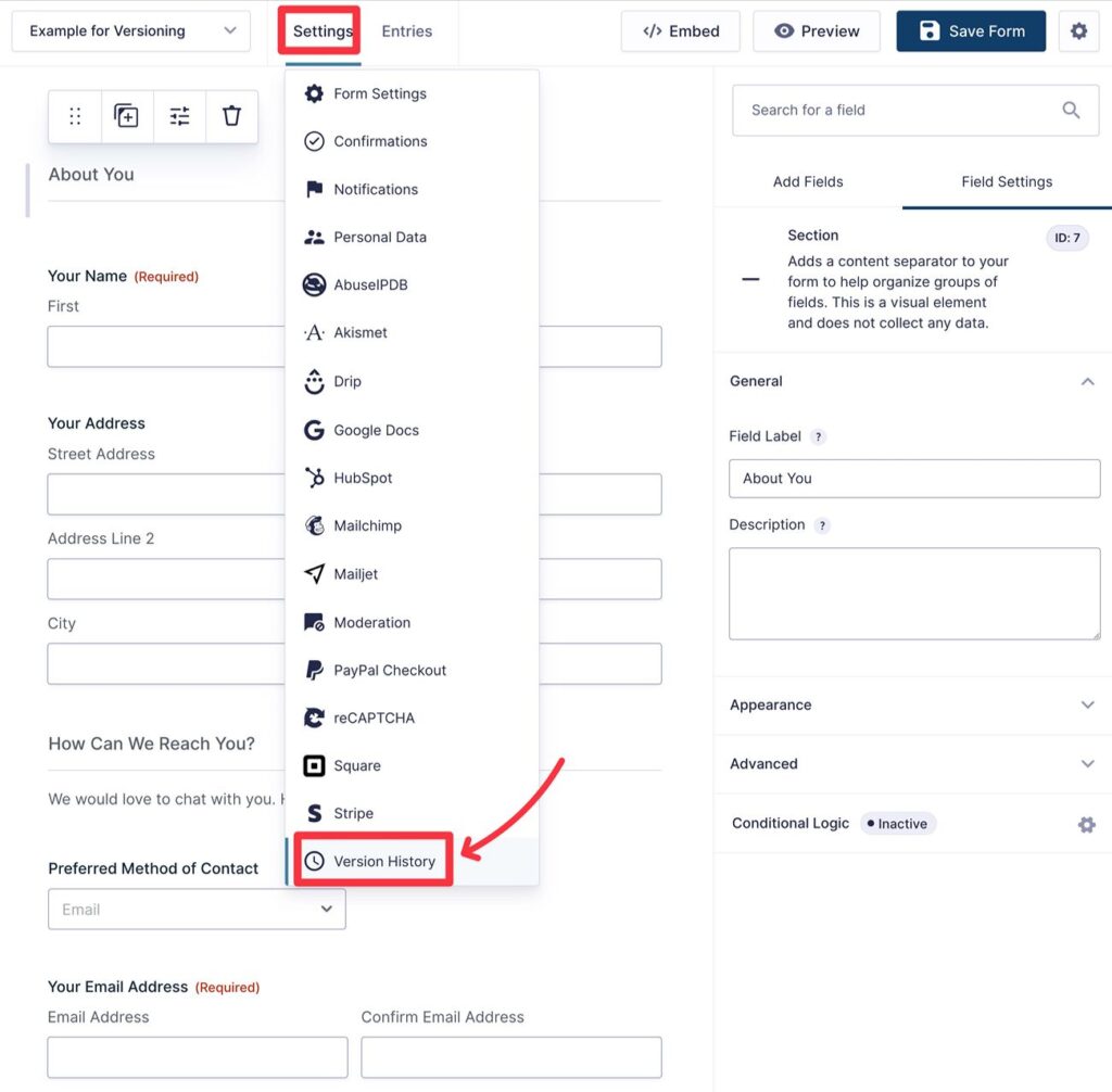 Access a form's version history