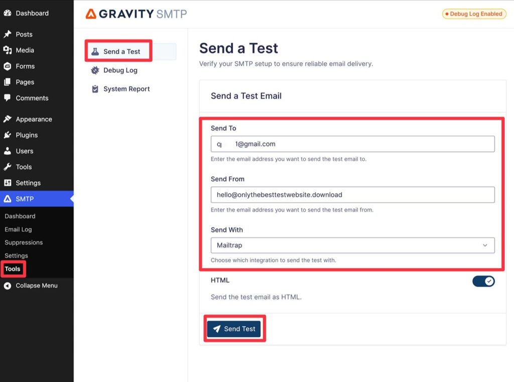 Send a test email using Mailtrap
