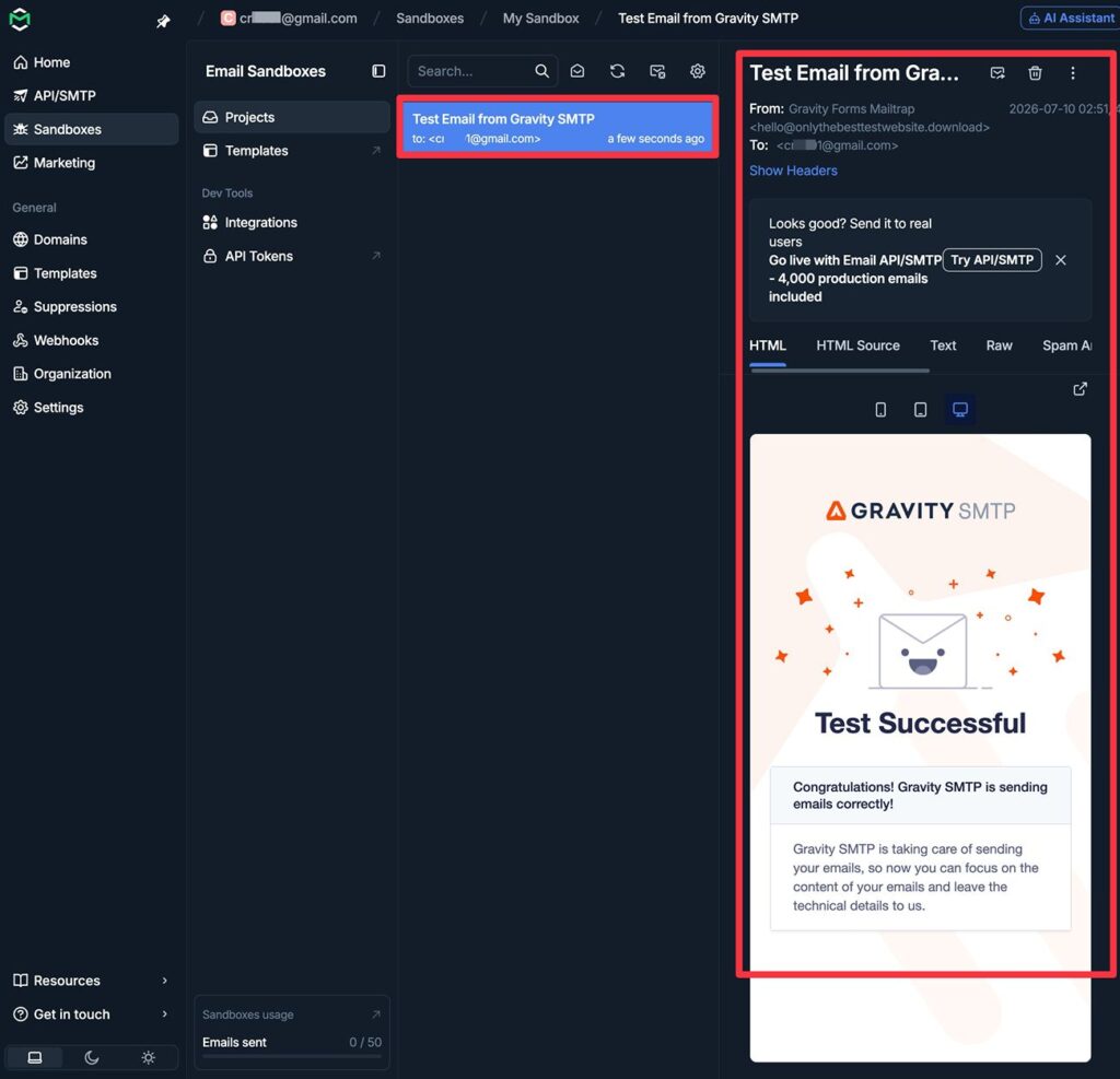 Email in Mailtrap sandbox