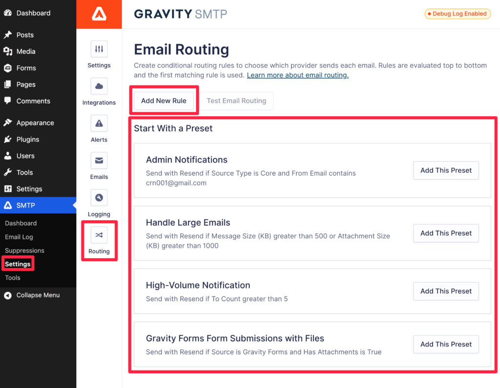 Access WordPress conditional email routing rules