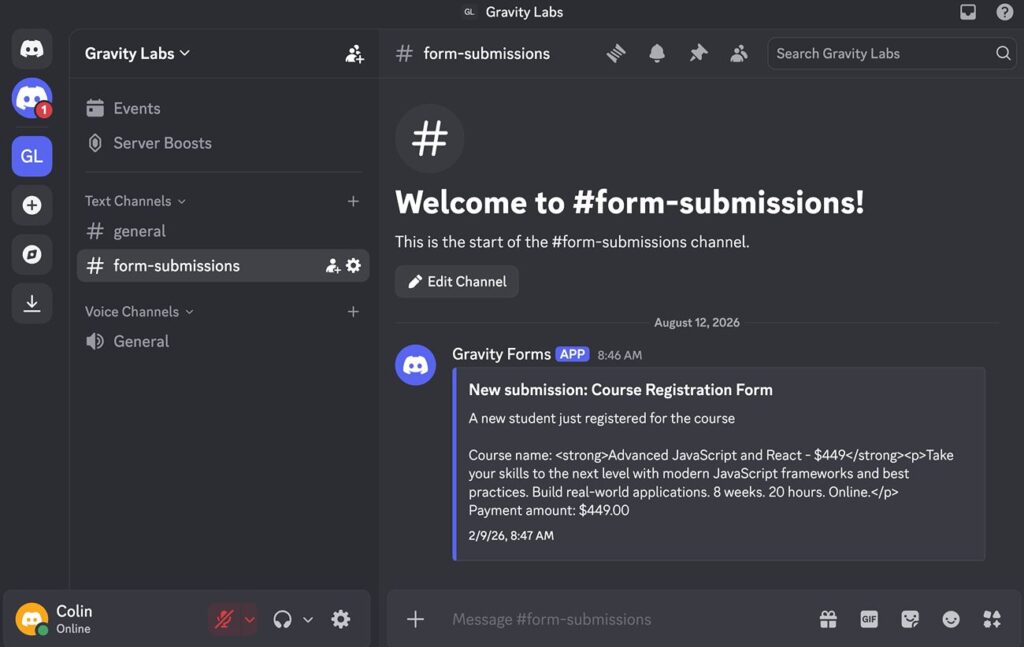 An example of a message from the WordPress Discord integration