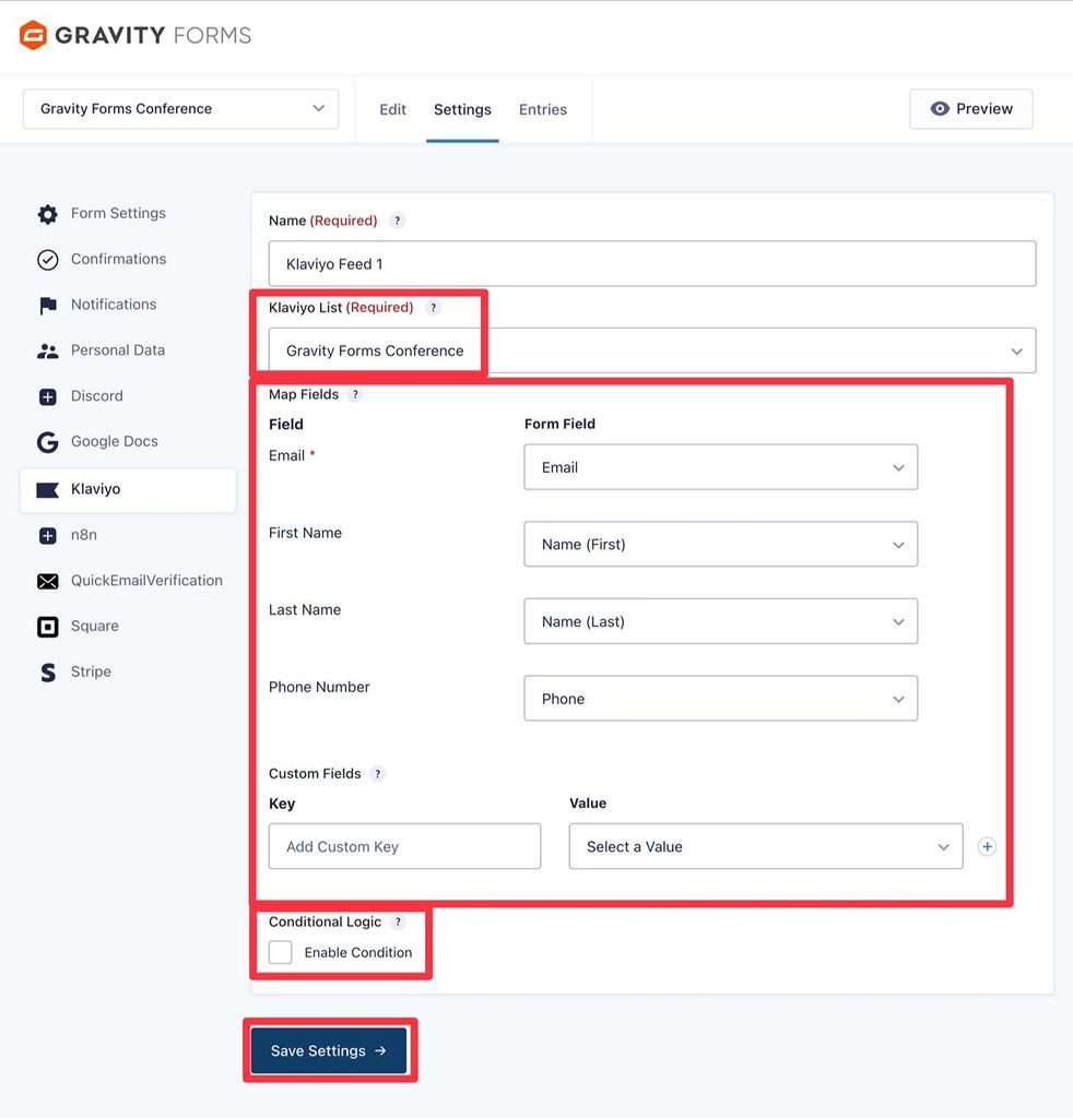 Configure Gravity Forms Klaviyo feed
