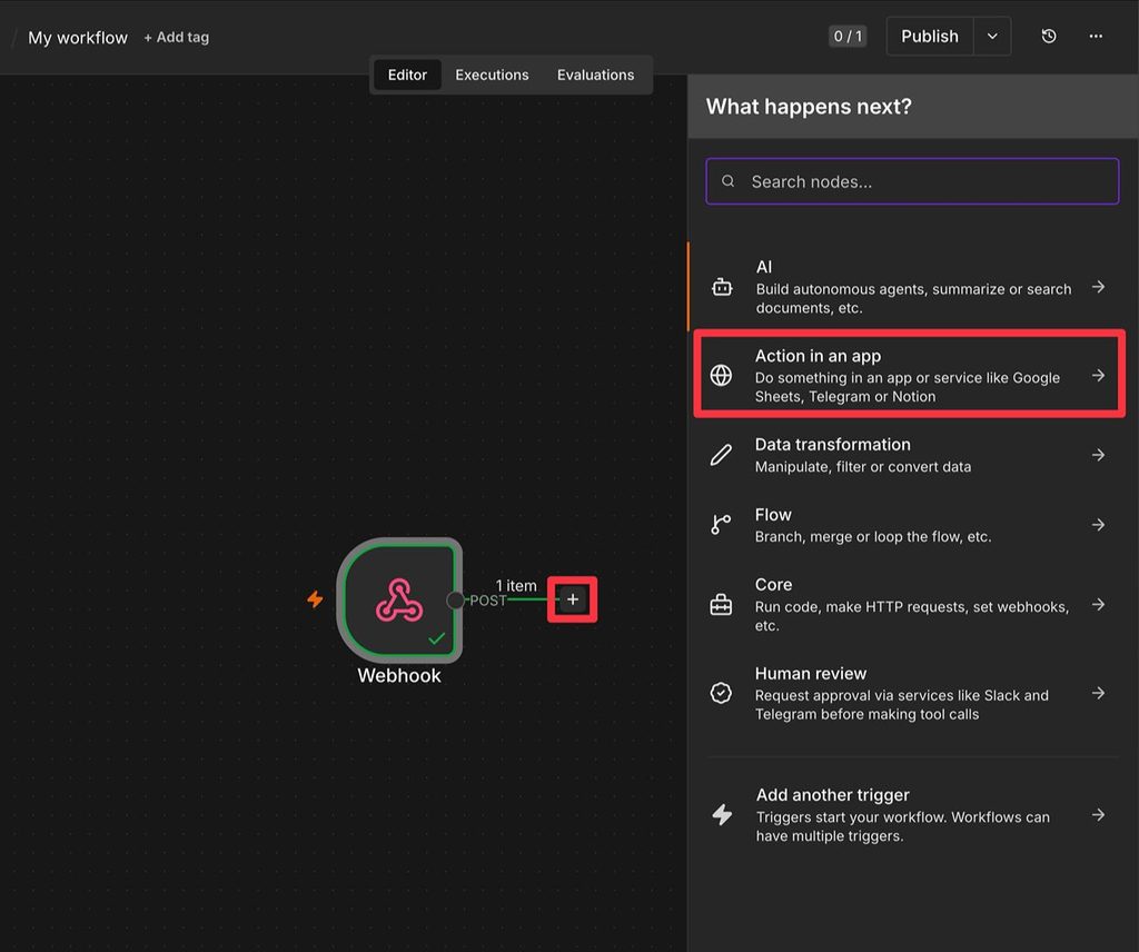 Choose action in n8n workflow