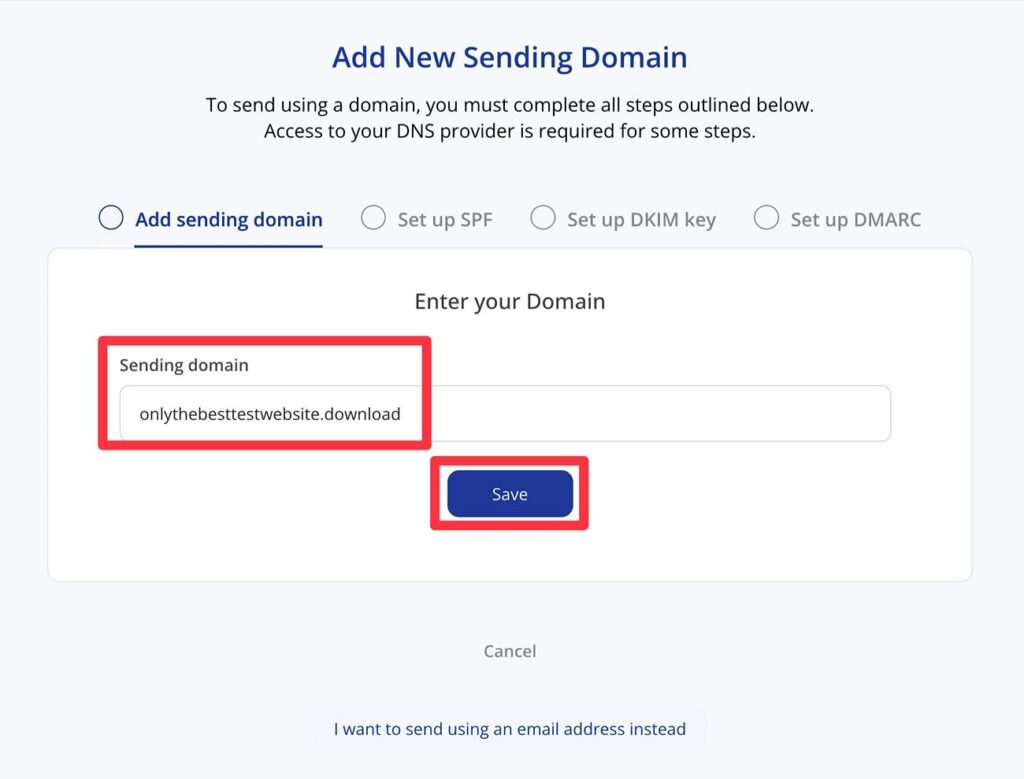 Enter sending domain
