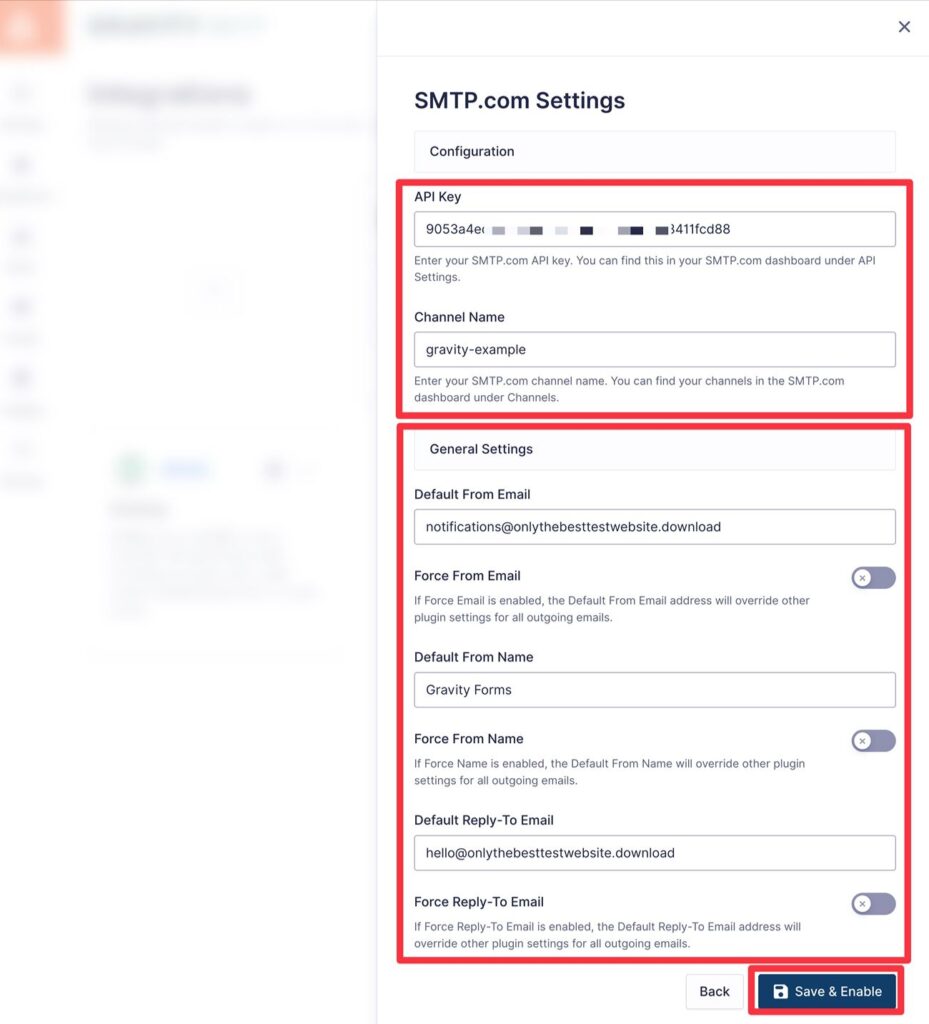 Configure SMTP.com settings in Gravity SMTP