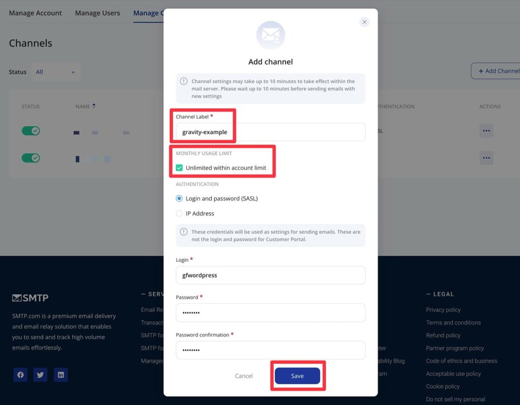 Configure channel for WordPress SMTP.com emails