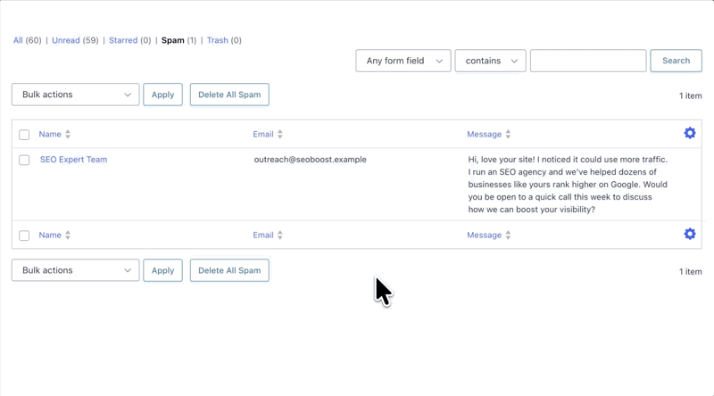 Alt: Gravity Forms Spam entries showing an SEO spam submission caught by Spam Hexer.