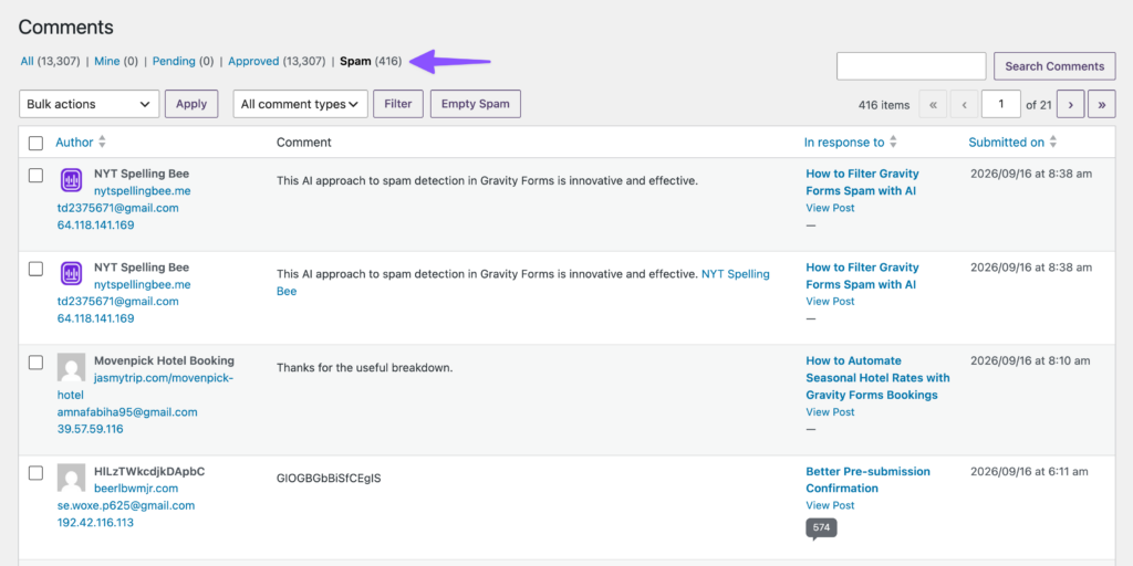 Alt: WordPress Comments screen showing 416 spam comments caught by Spam Hexer.