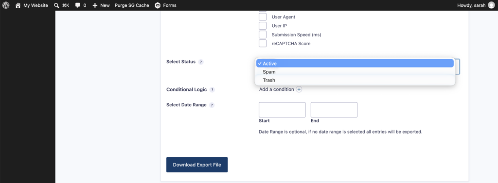 Gravity Forms 3.1.1 export entries setting