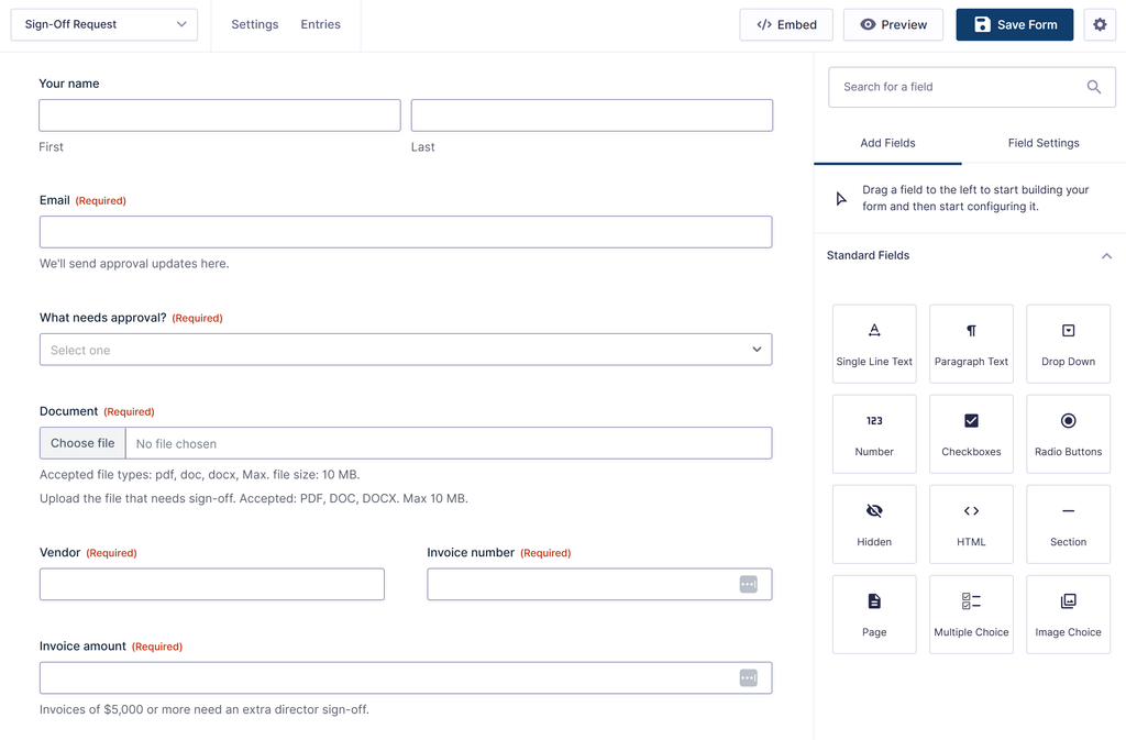 Policy sign off request form