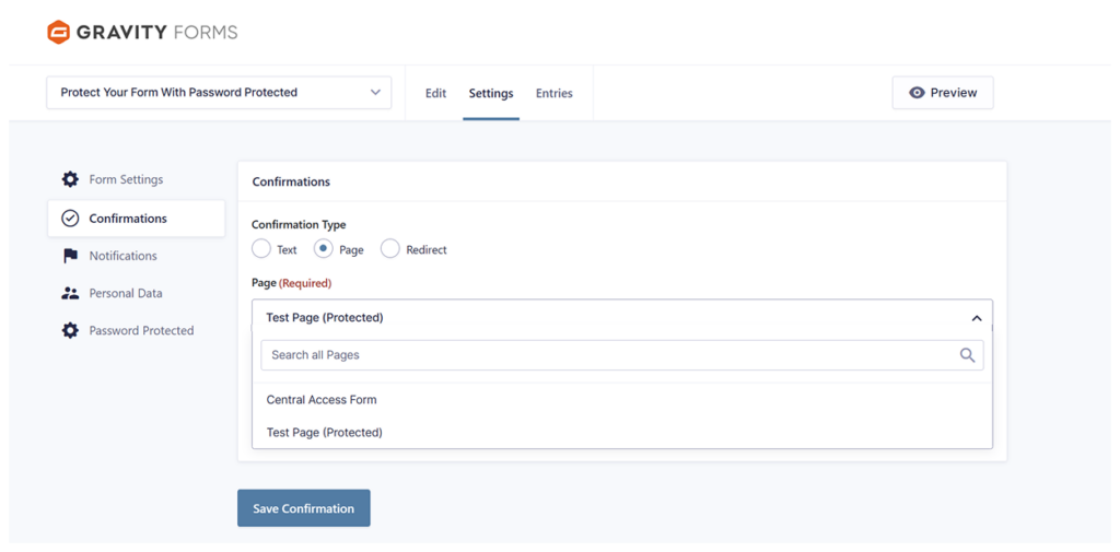 Confirmation settings set for Protected Page