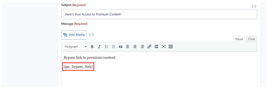 Email body containing a password bypass link