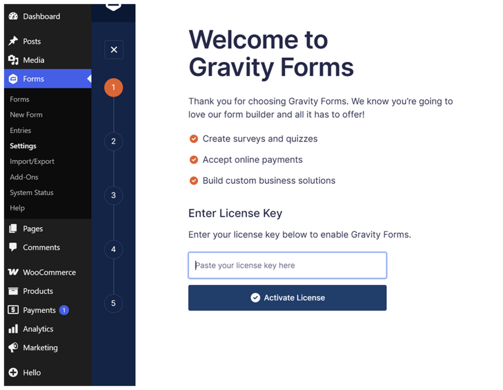 Gravity Forms License Activation Screen