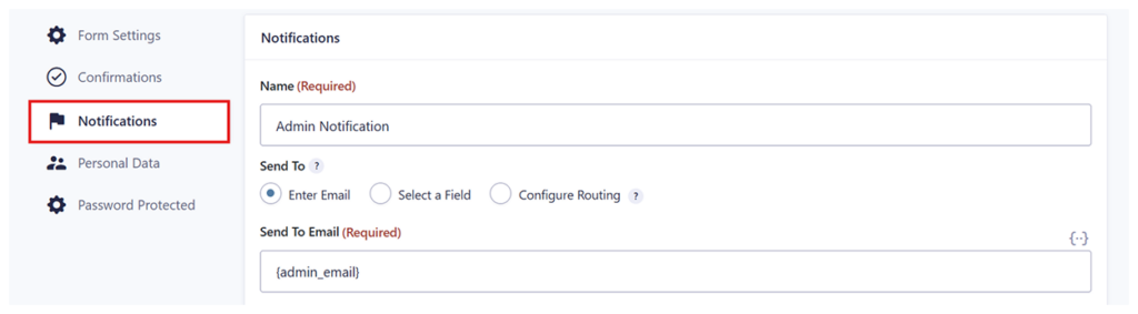 Gravity Forms admin notification default settings
